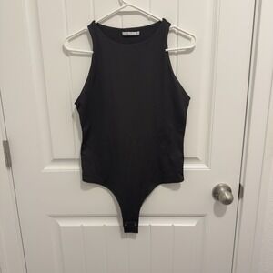 Reoria Women's Black Slim Fitting Tank Bodysuit Double Lined‎ Size Large